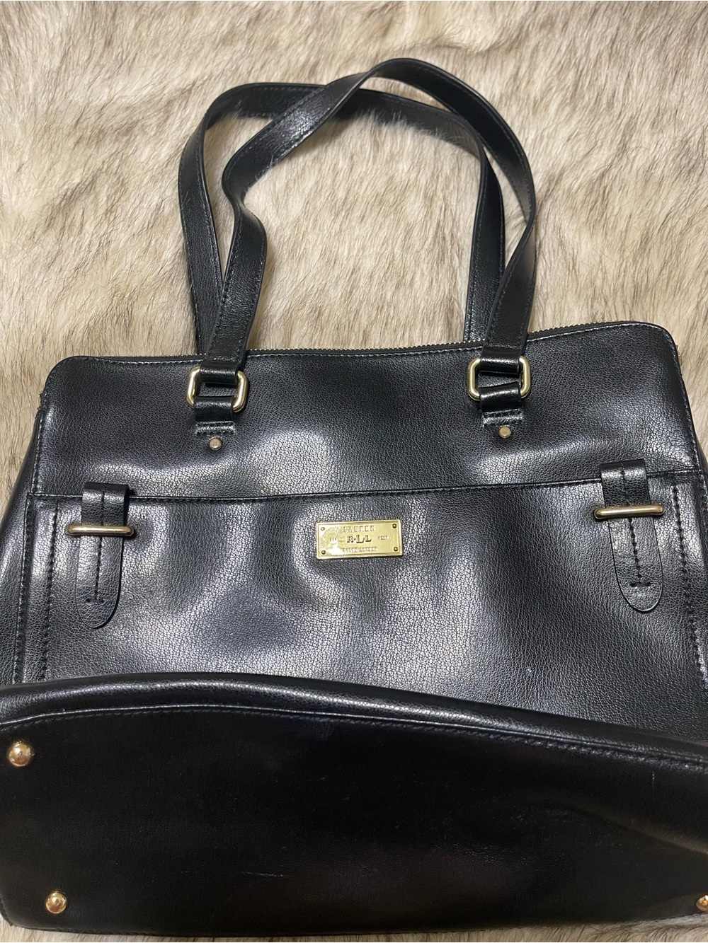 Lauren Ralph Lauren Black Leather Tote with Gold Hardware
